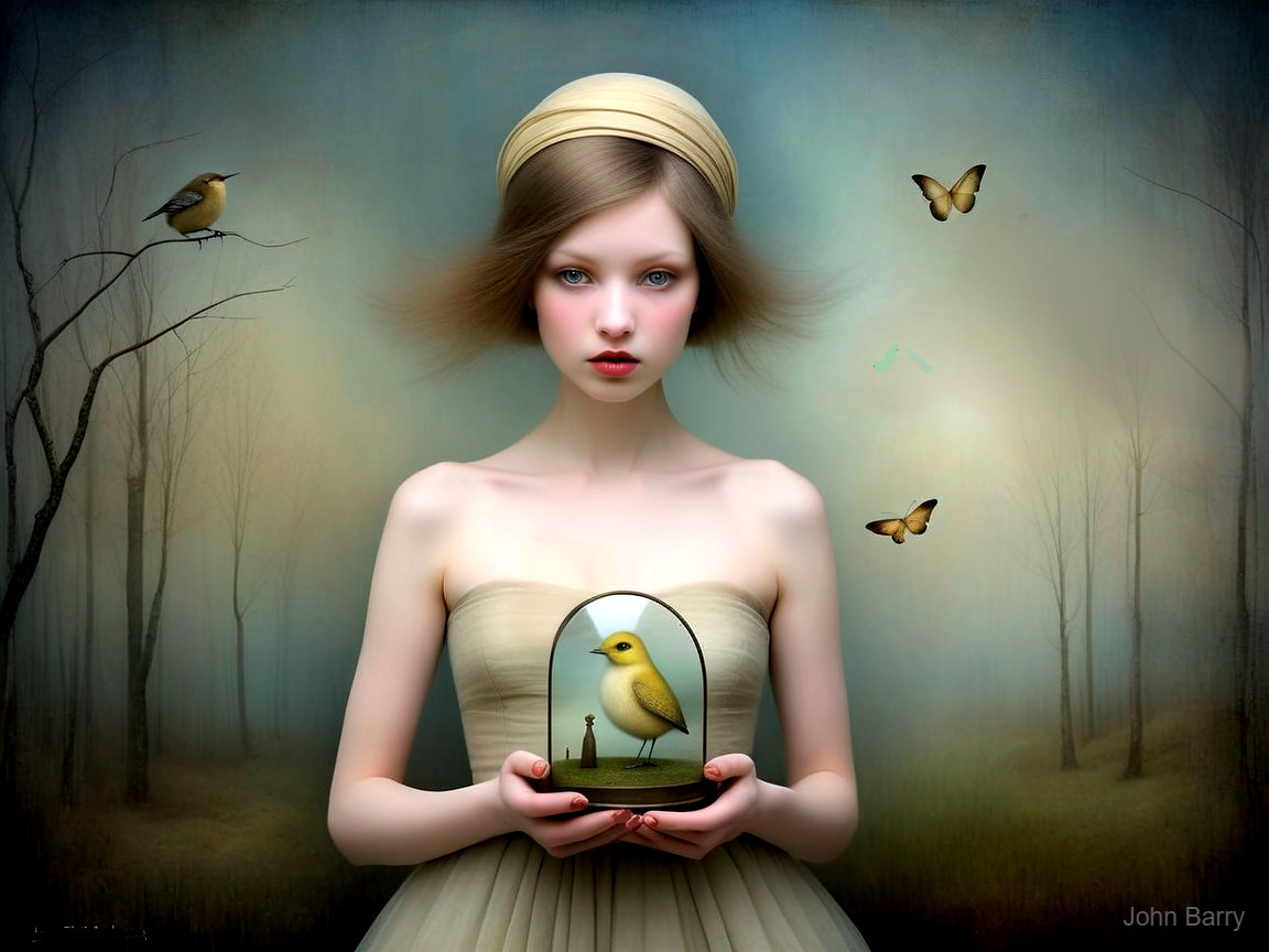 Ethereal Woman with Bird in Dreamlike Landscape