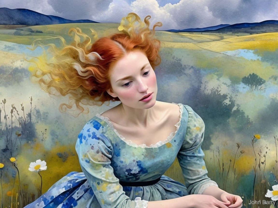 Young woman in blue dress amidst serene landscape