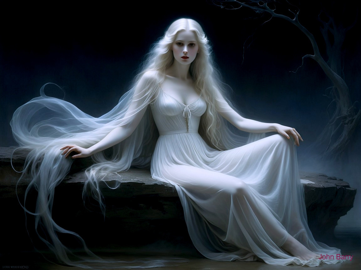 Serene figure in white garments on a rocky ledge