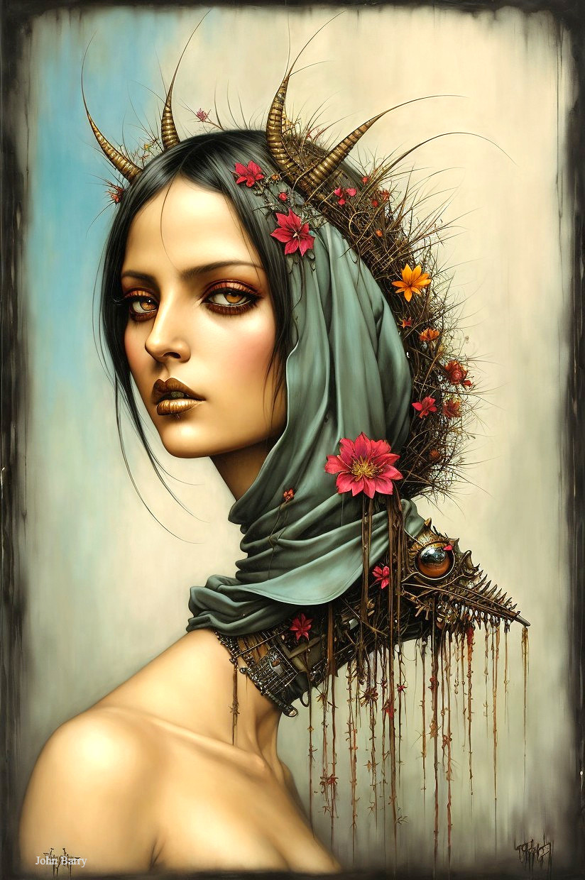 Woman with Dark Hair, Horns, and Floral Elements