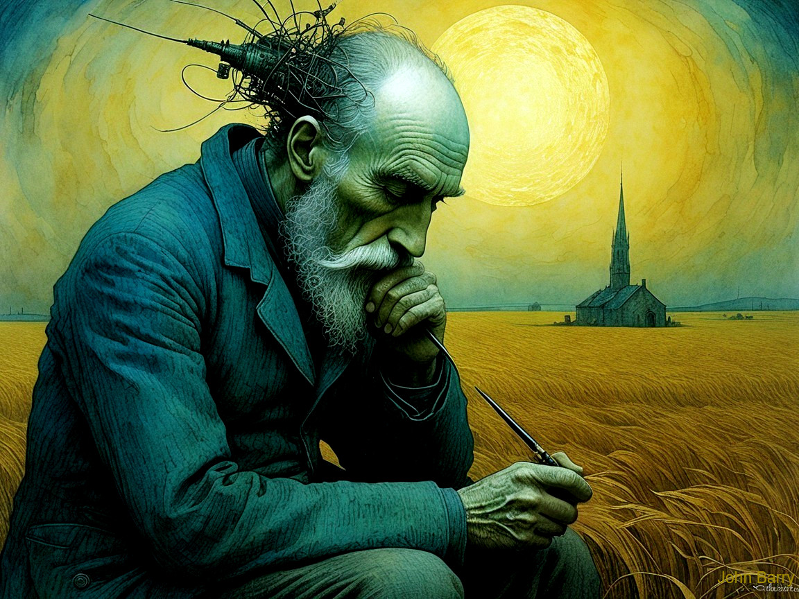 Elderly Man in Wheat Field with Church and Moon