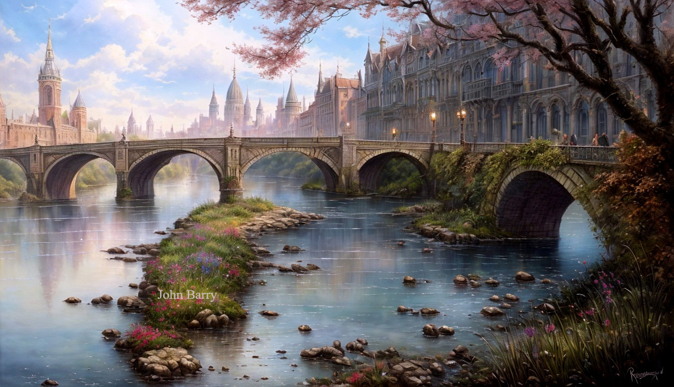 Arched Stone Bridge Over River with Cherry Blossoms