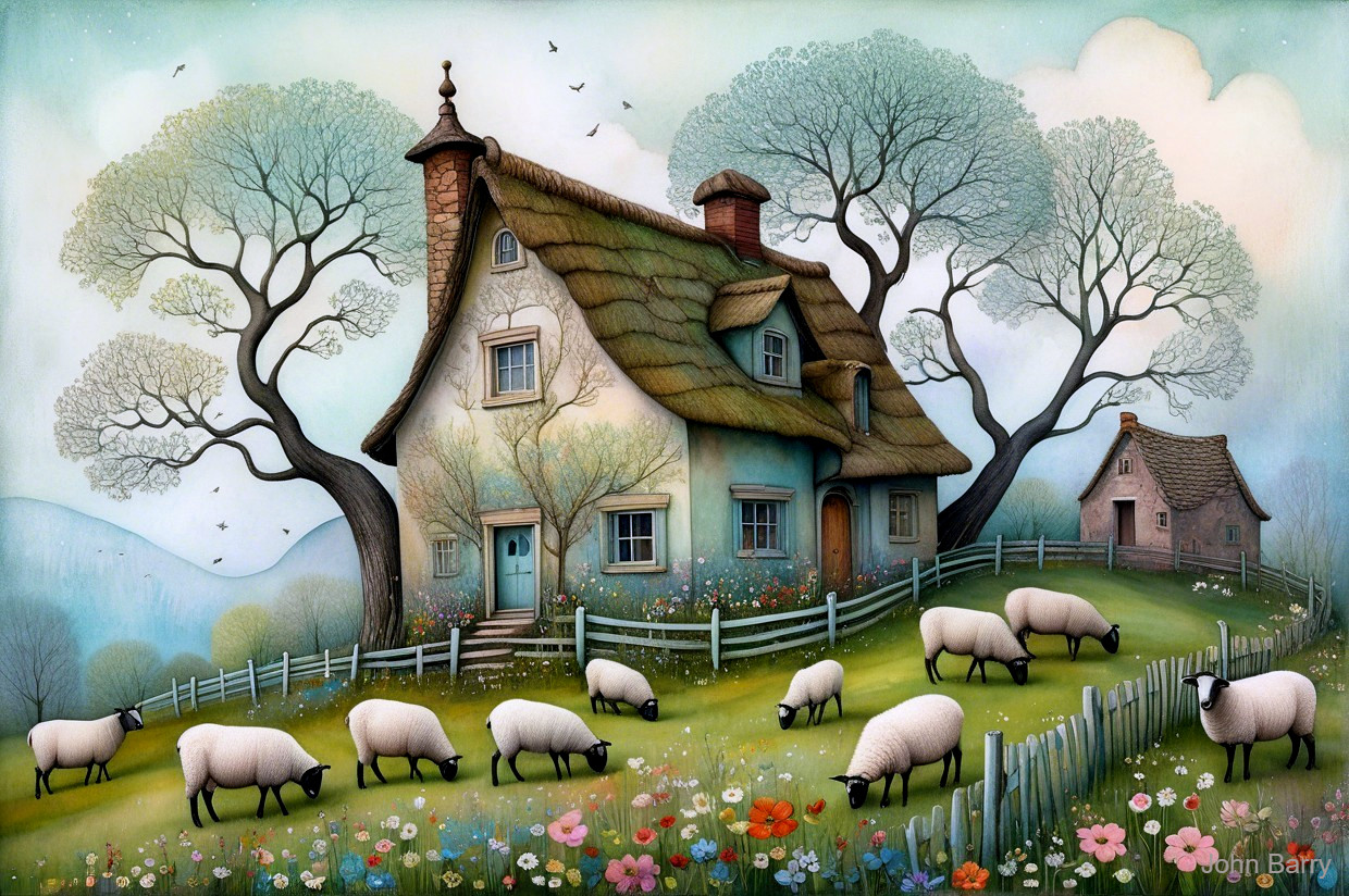 Thatched-roof cottage in a tranquil countryside setting