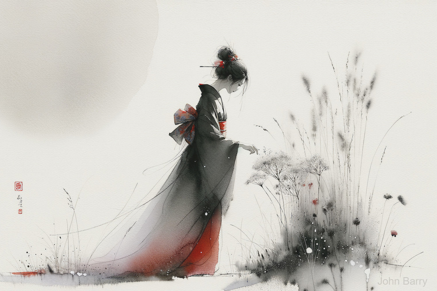 Traditional Kimono Figure Surrounded by Wildflowers