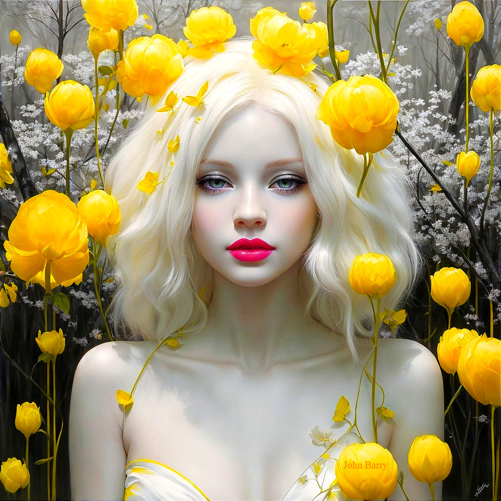 Serene Figure in Lush Garden with Yellow Flowers