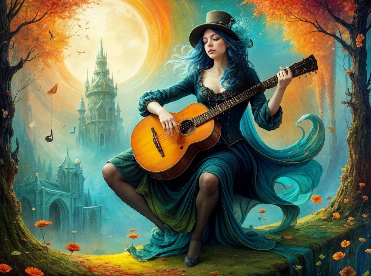 Woman with Blue Hair in Autumn Landscape Playing Guitar