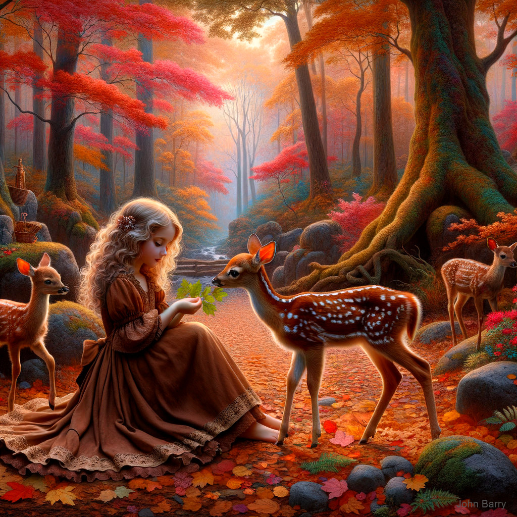 Autumn Forest Scene with Girl and Gentle Deer