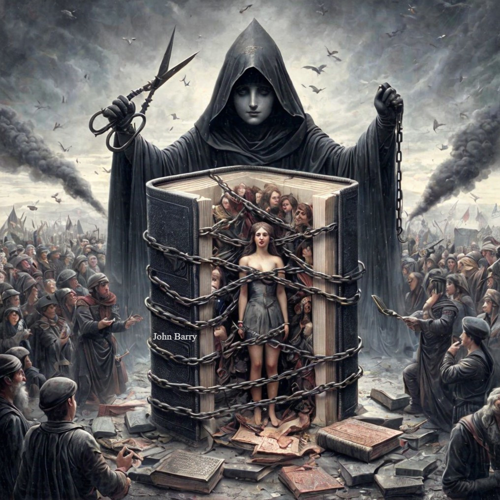 Hooded Figure with Chains Over Bound Woman in Book