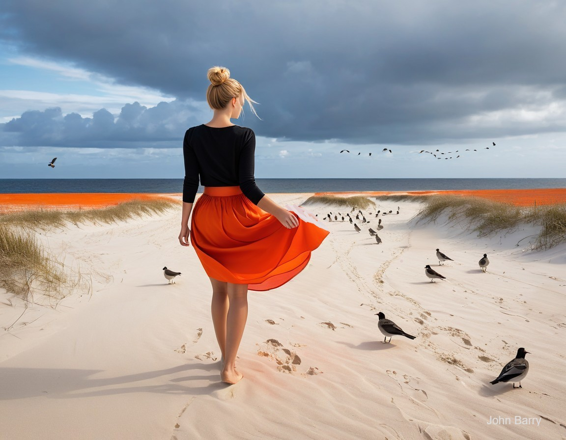 Woman in Black Top and Orange Skirt on Sandy Dune