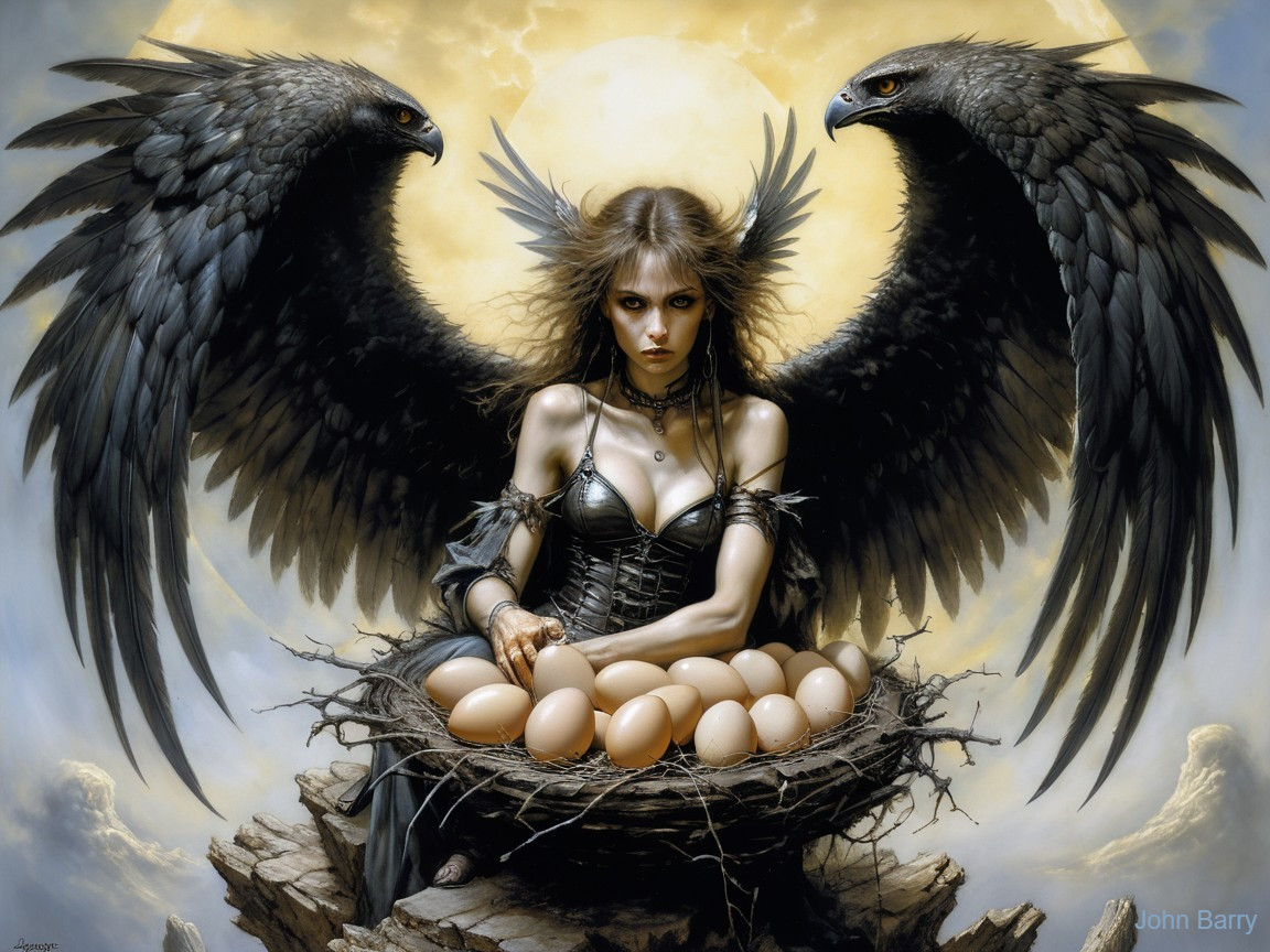 Mystical Scene with Powerful Woman and Black Birds