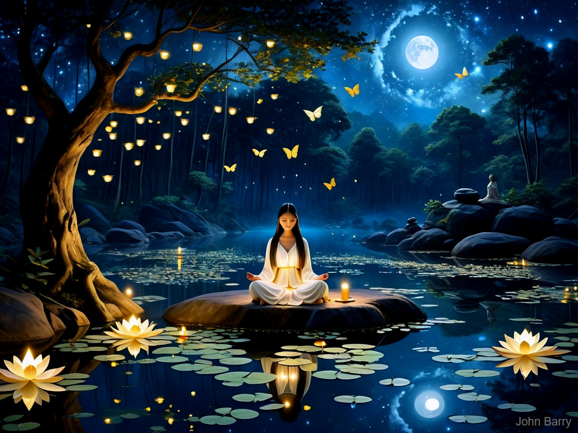Serene Twilight Scene with Woman and Lotus Flowers