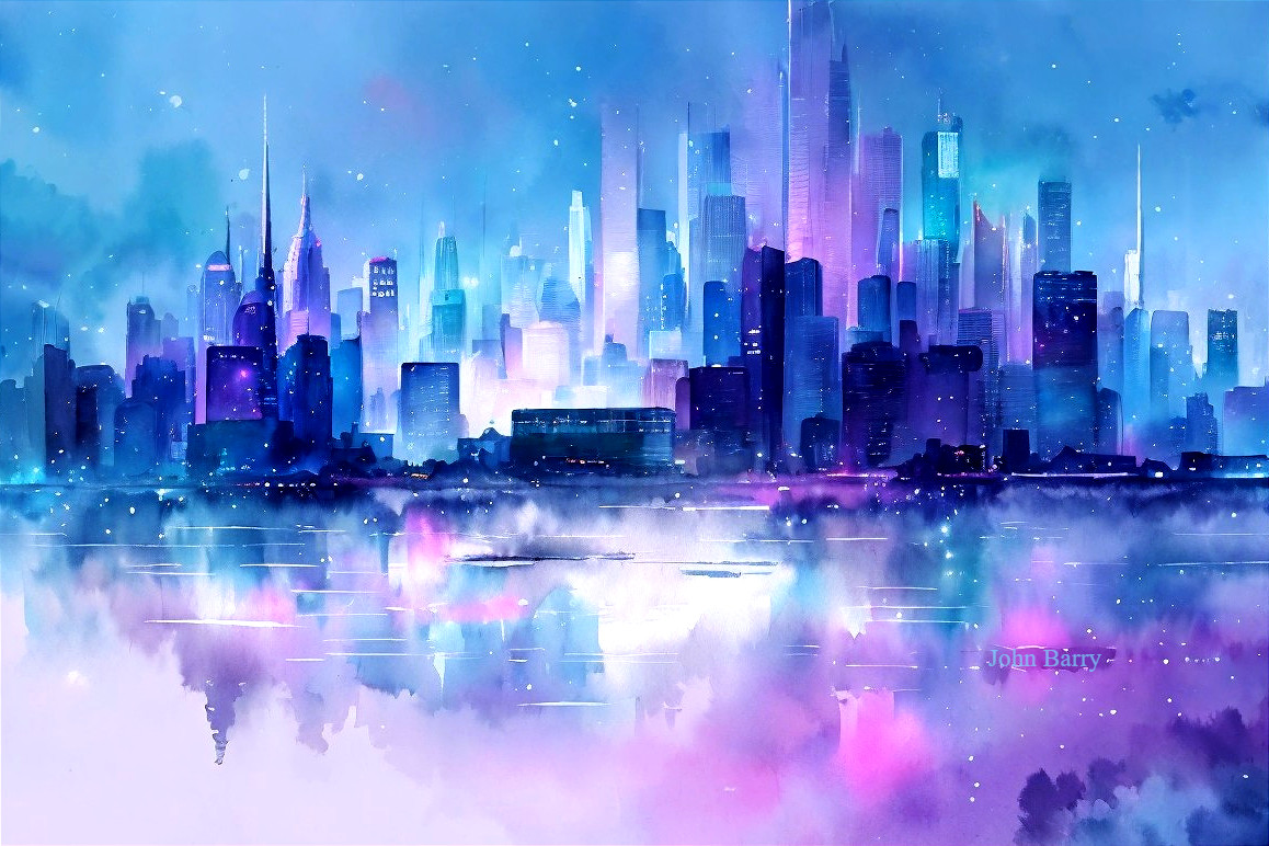 Vibrant City Skyline at Dusk with Illuminated Skyscrapers