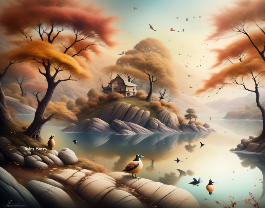 Tranquil Lake Surrounded by Autumn Trees and Mountains