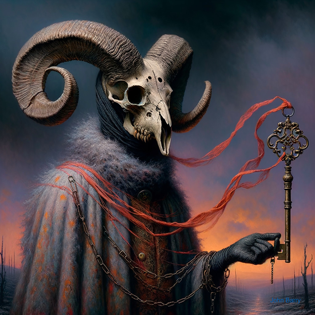 Mysterious cloaked figure with ram skull and key