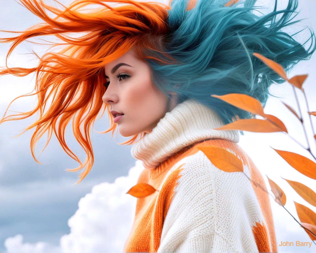 Profile of a Woman with Vibrant Orange and Teal Hair