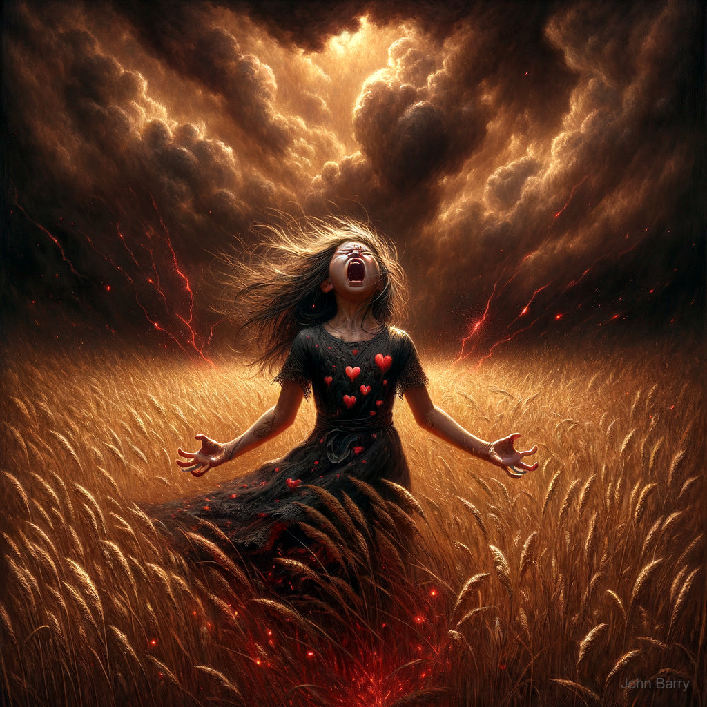 Girl in Wheat Field Under Stormy Skies