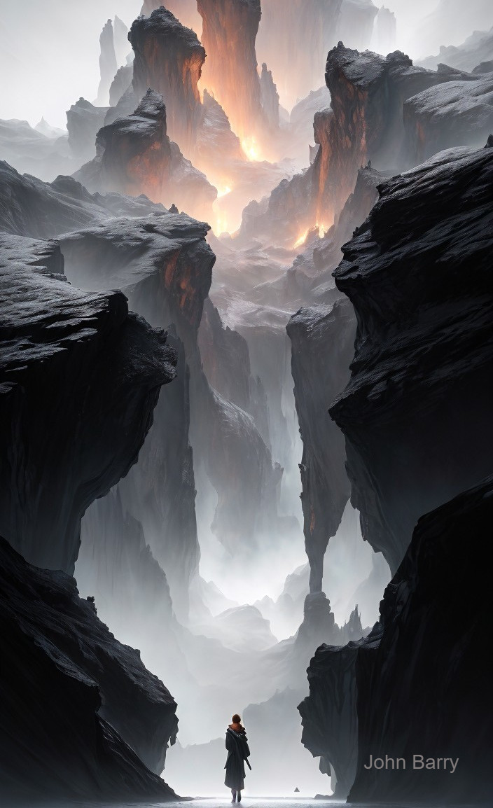 Lone Figure at Rocky Chasm with Eerie Orange Glow