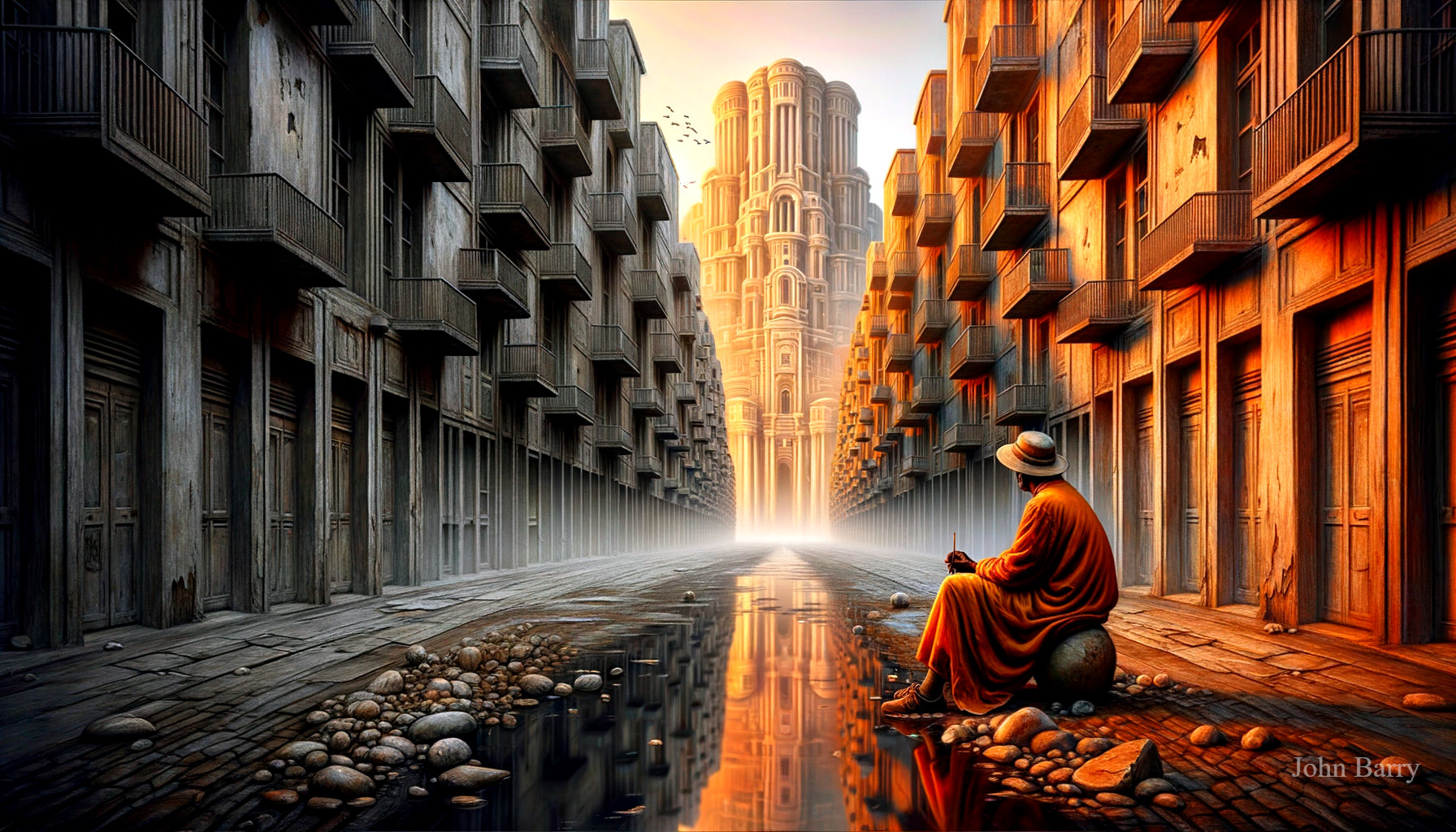 Serene figure by waterway with rustic buildings and tower