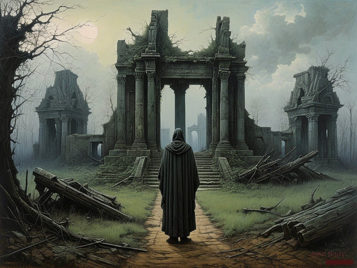 Misty Landscape with Cloaked Figure and Ancient Ruins