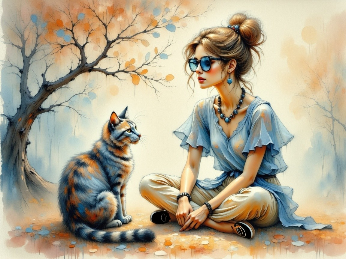 Young Woman with Cat in Autumn Setting