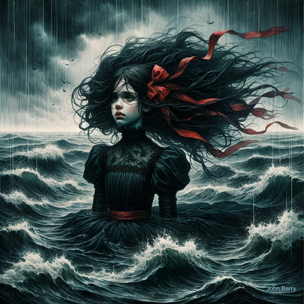 Girl in Black Gown Amidst Stormy Ocean Waves
