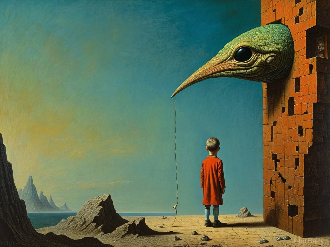 Surreal Landscape with Figure and Bird-like Head