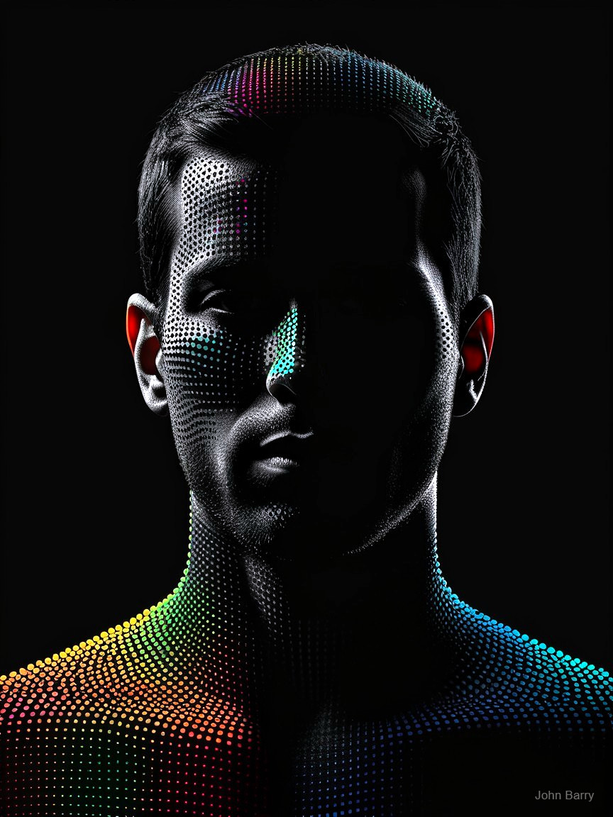 Monochrome Portrait with Colorful Dotted Patterns