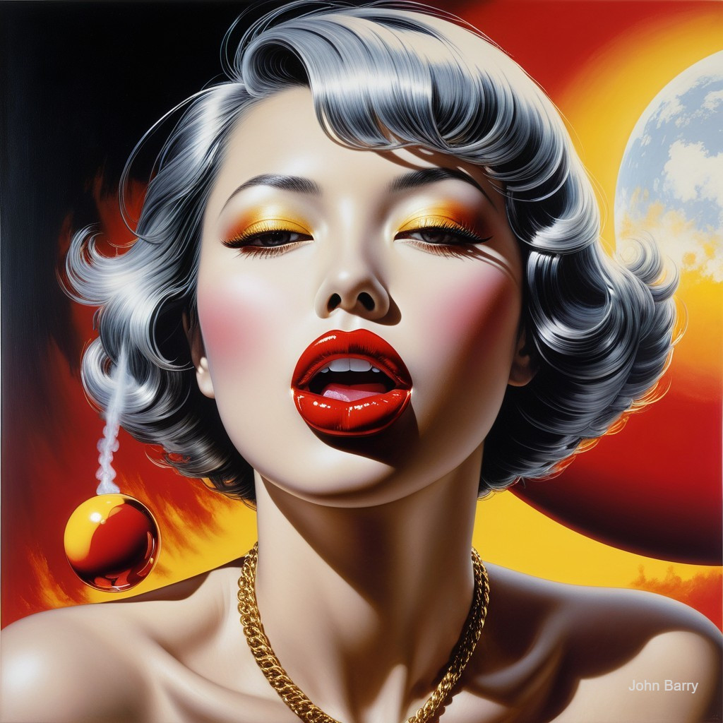 Glamorous Woman with Silver Hair and Sunset Background