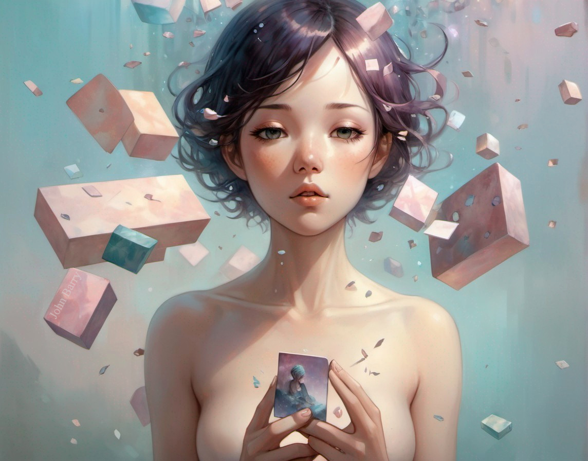 Young woman with geometric shapes in dreamy background