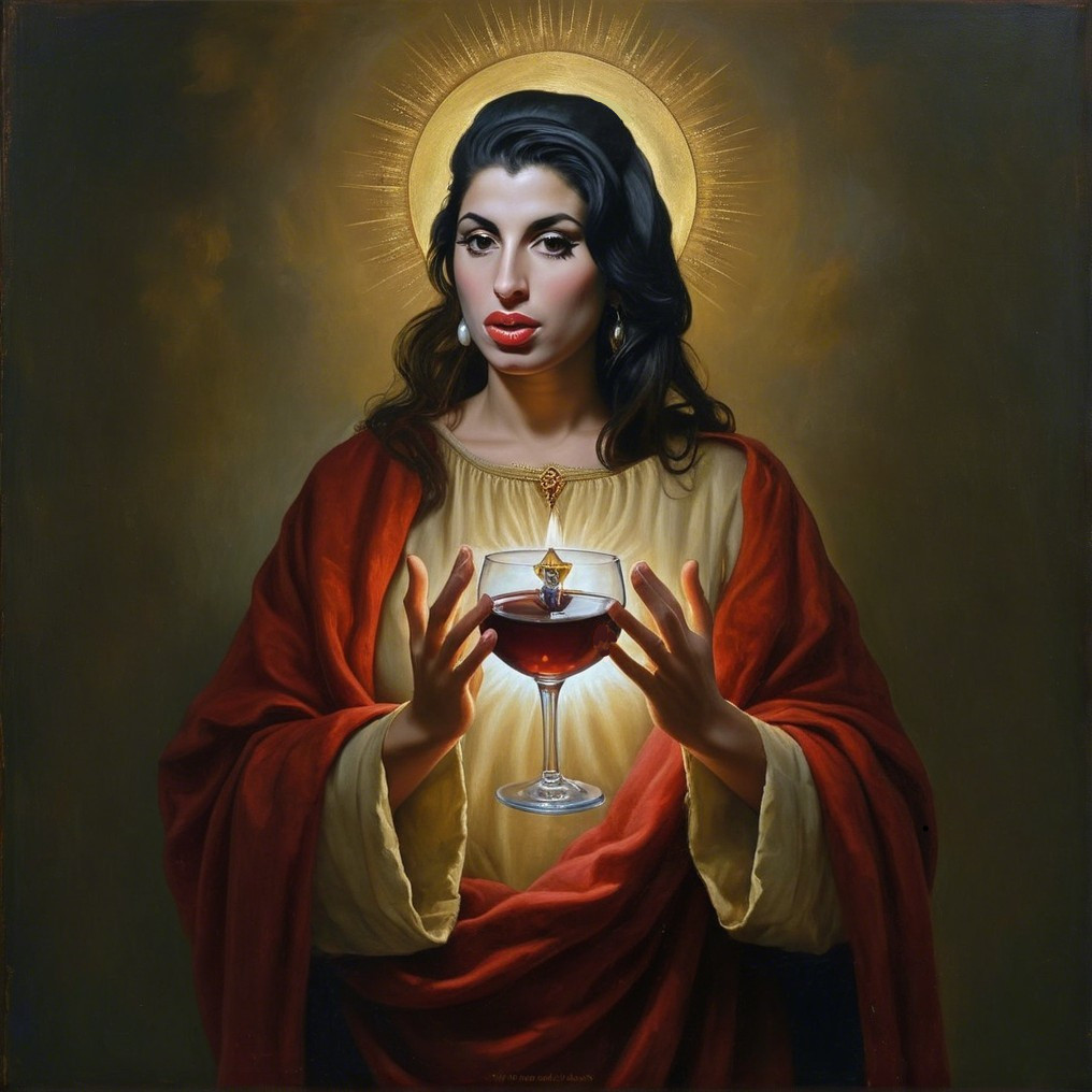 Woman in red robe with glass in serene setting