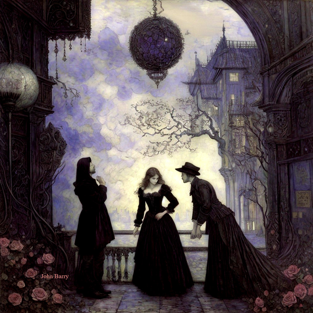 Victorian Figures on Gothic Balcony at Twilight