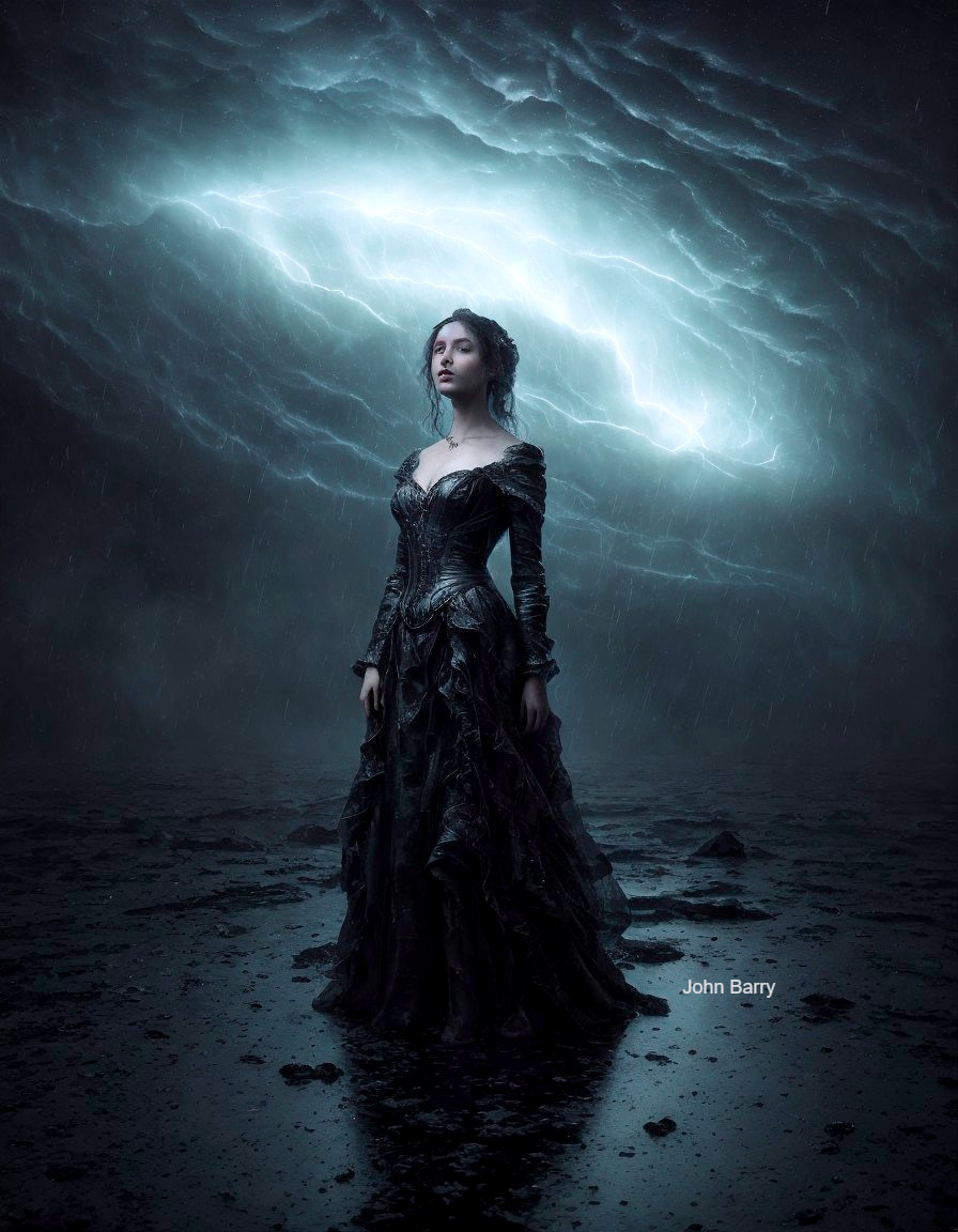 Mysterious Figure in Dark Stormy Landscape with Gown