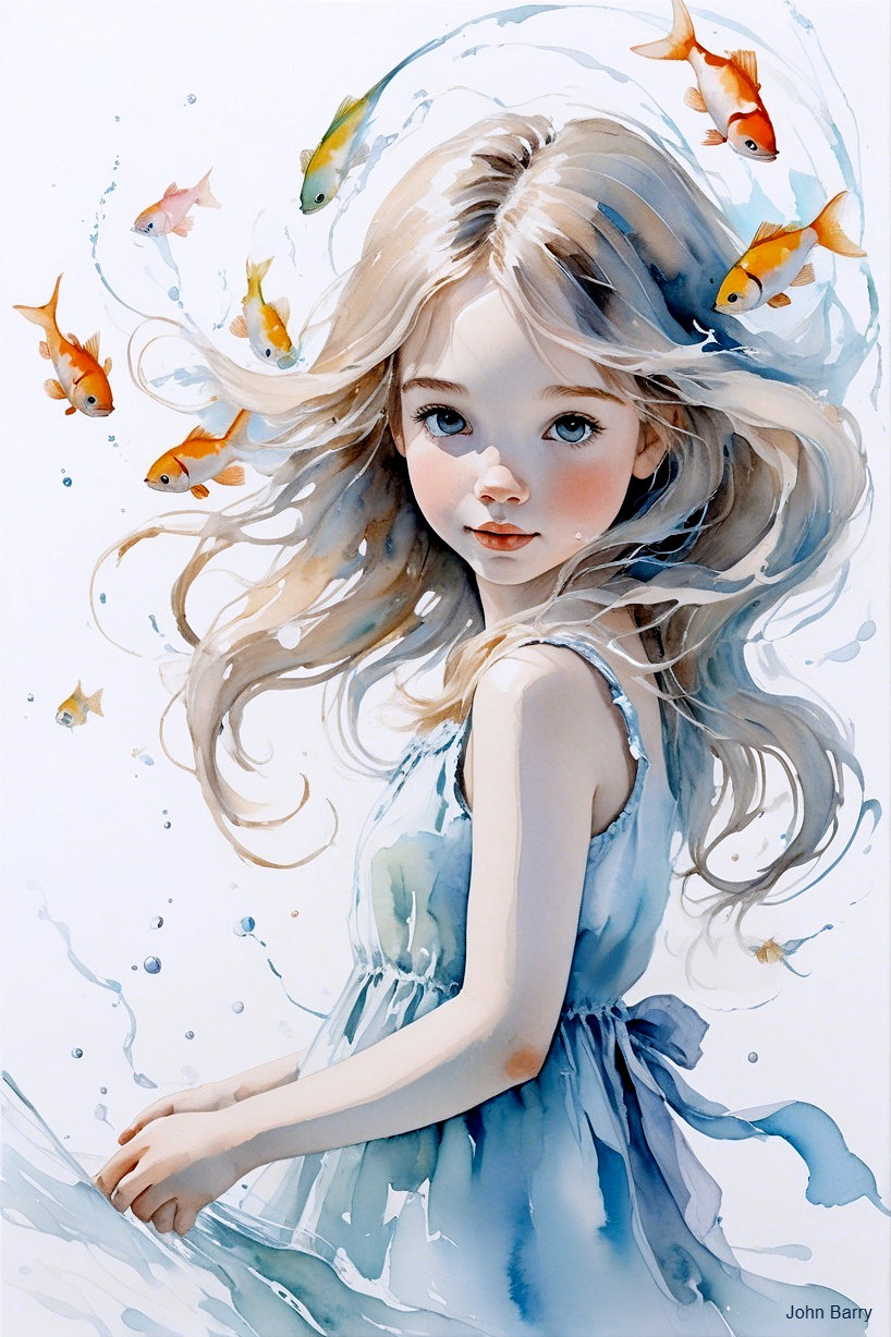 Whimsical Illustration of Girl with Goldfish and Water