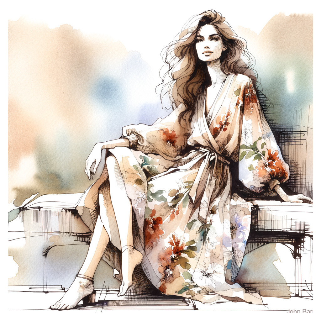 Stylish Illustration of a Woman in Floral Robe