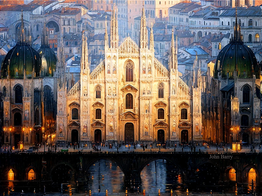 Gothic Architecture Reflected in Dusk Waterscape