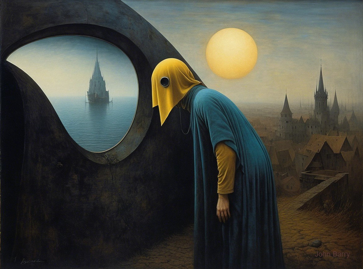 Cloaked Figure Observing Mystical Landscape Through Window