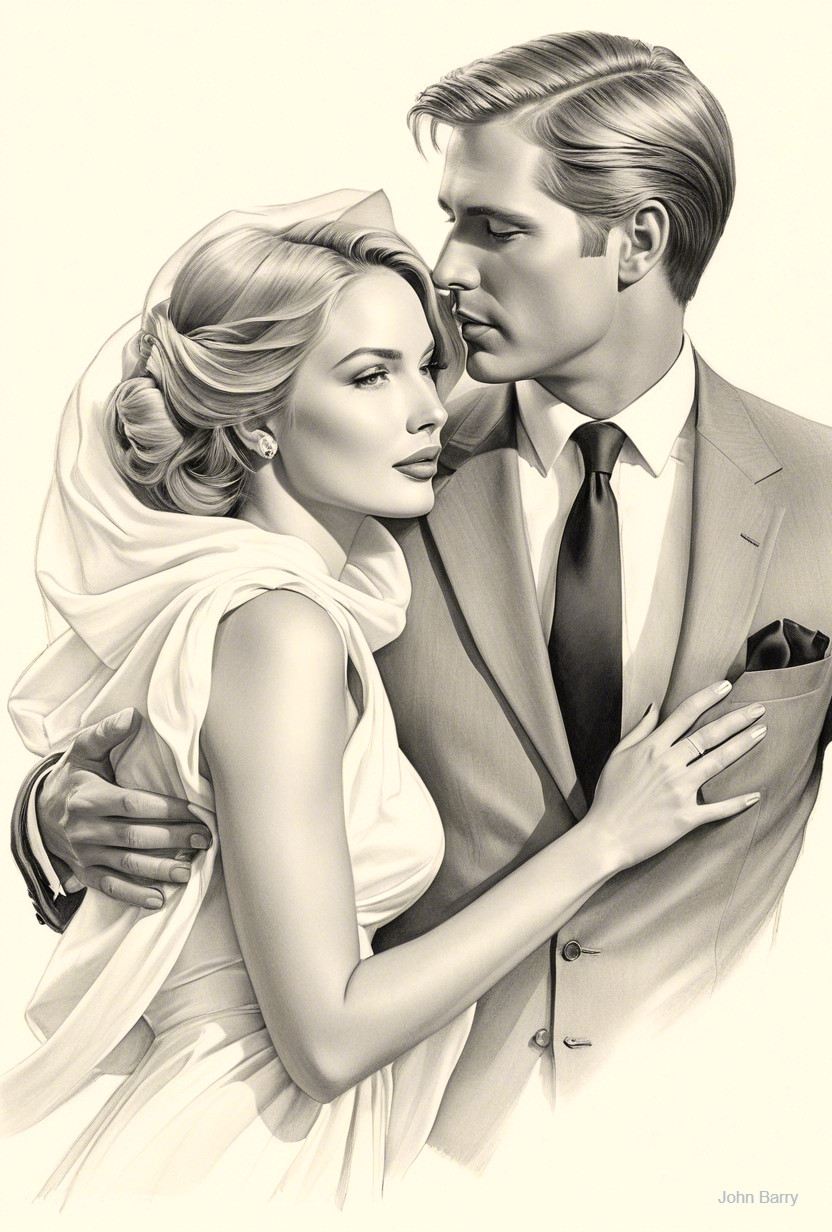 Romantic Monochrome Illustration of Embracing Couple