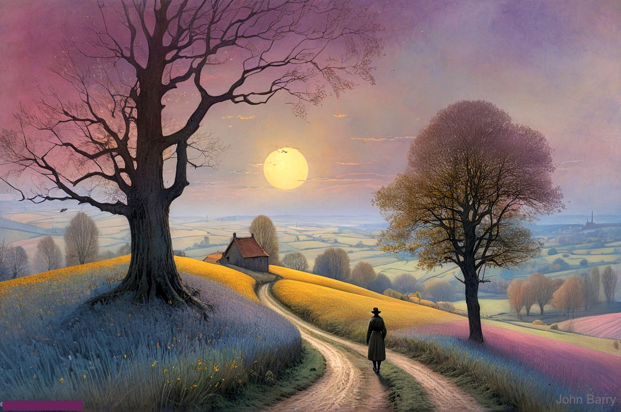 Serene Sunset Landscape with Vibrant Fields and Cottage