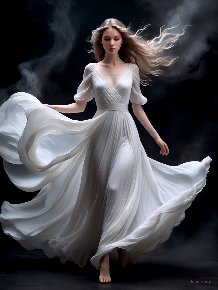 Ethereal Figure in Flowing White Dress Against Dark Background