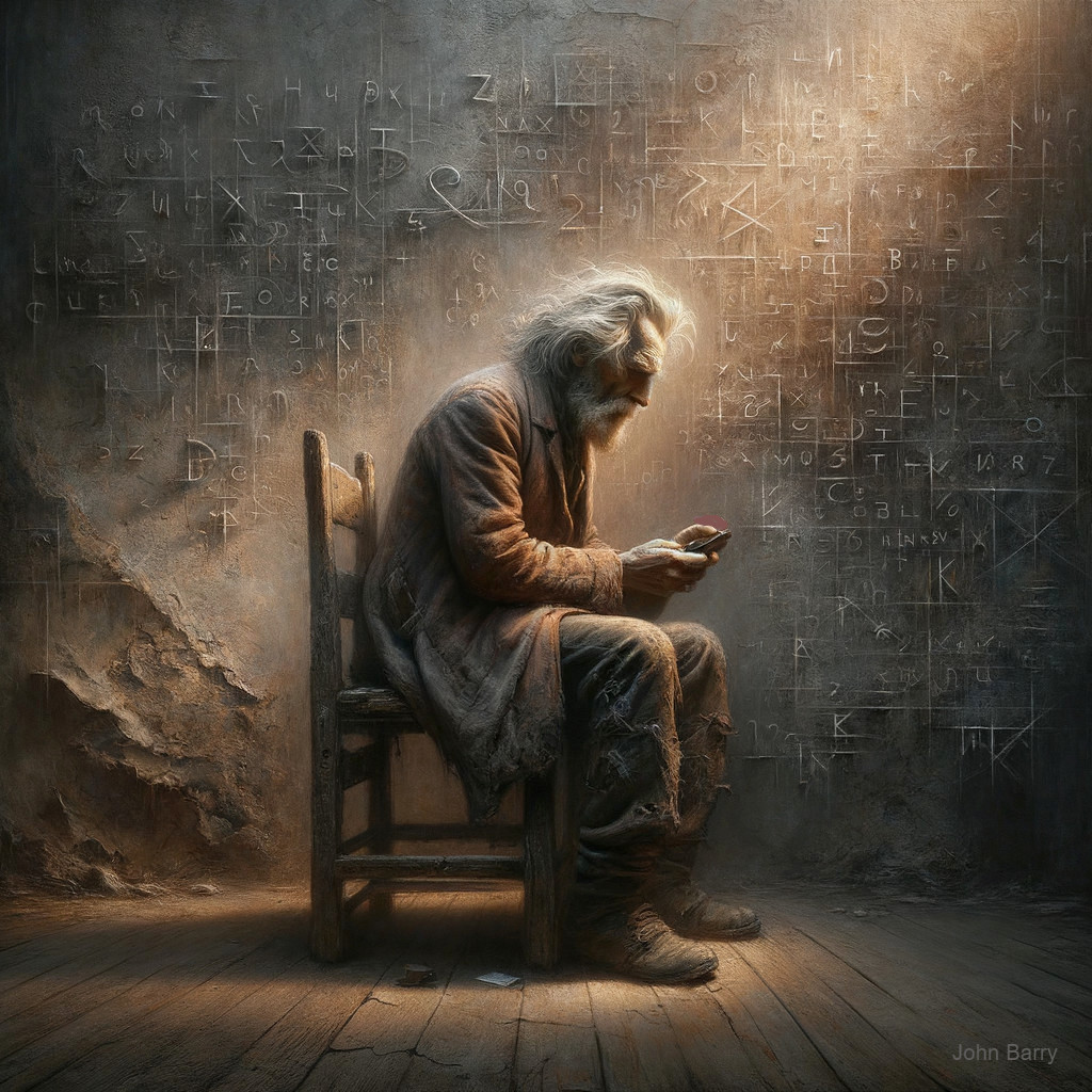 Elderly Man in Dim Room with Mysterious Symbols