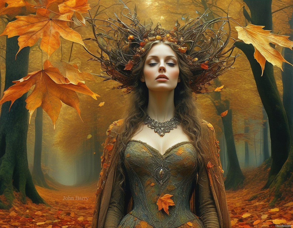 Regal Woman in Autumn Forest Surrounded by Leaves