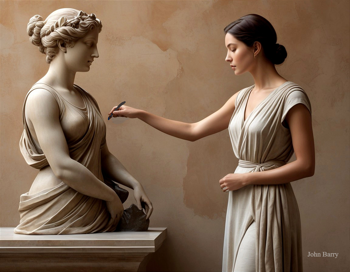 Woman Sculpting a Marble Statue in Soft Lighting