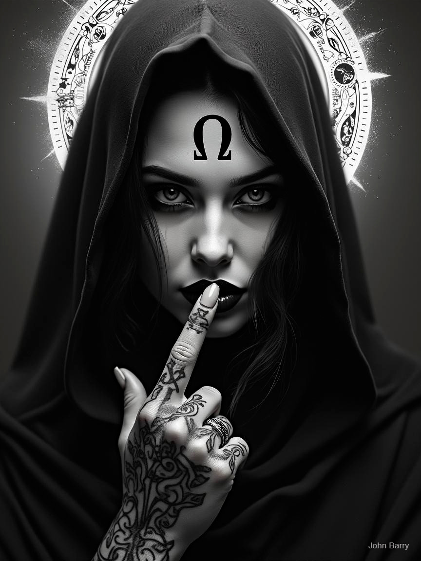 Mysterious Woman in Cloak with Halo and Tattoos