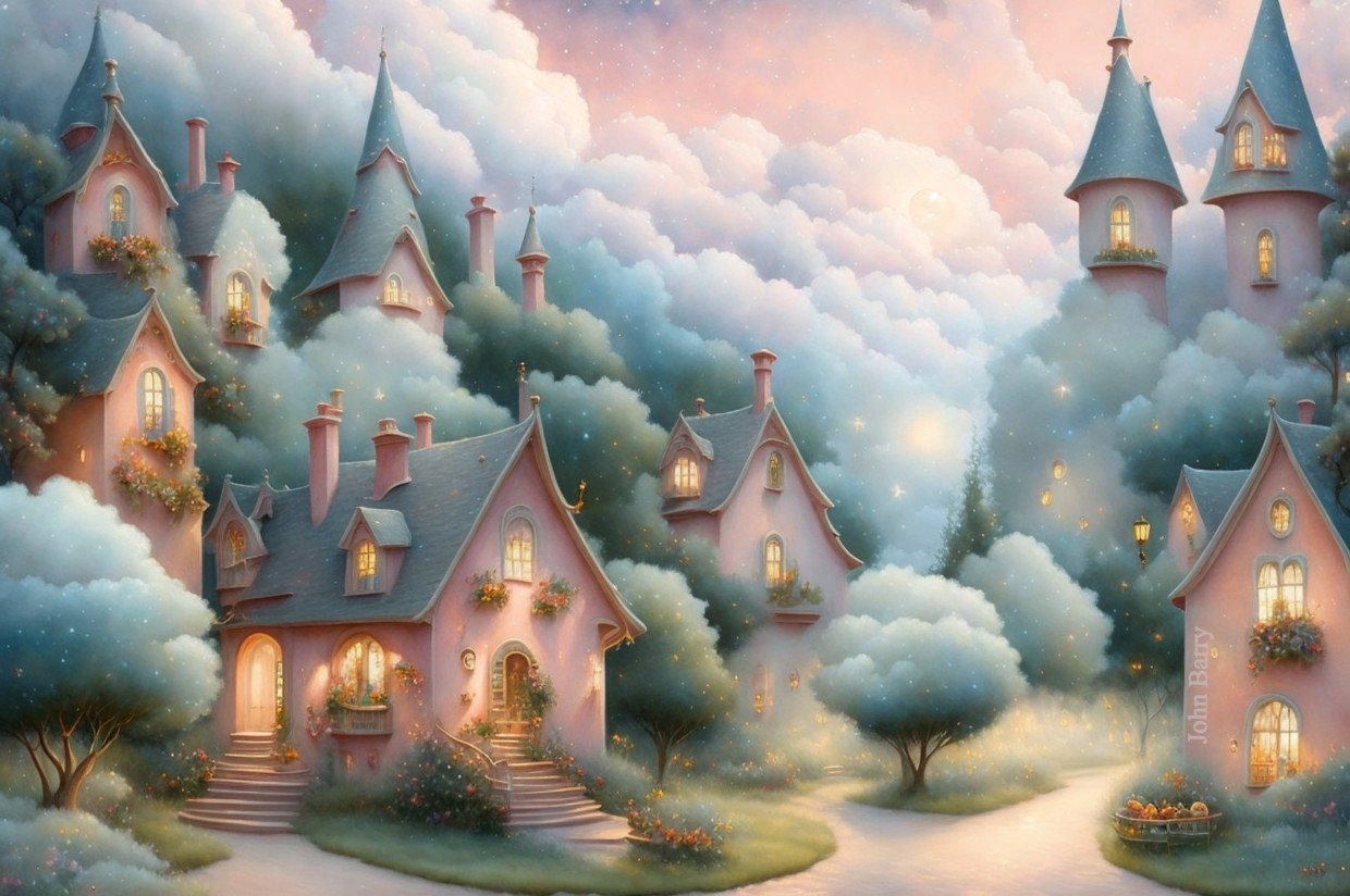Whimsical Village Scene in Soft Pastel Colors