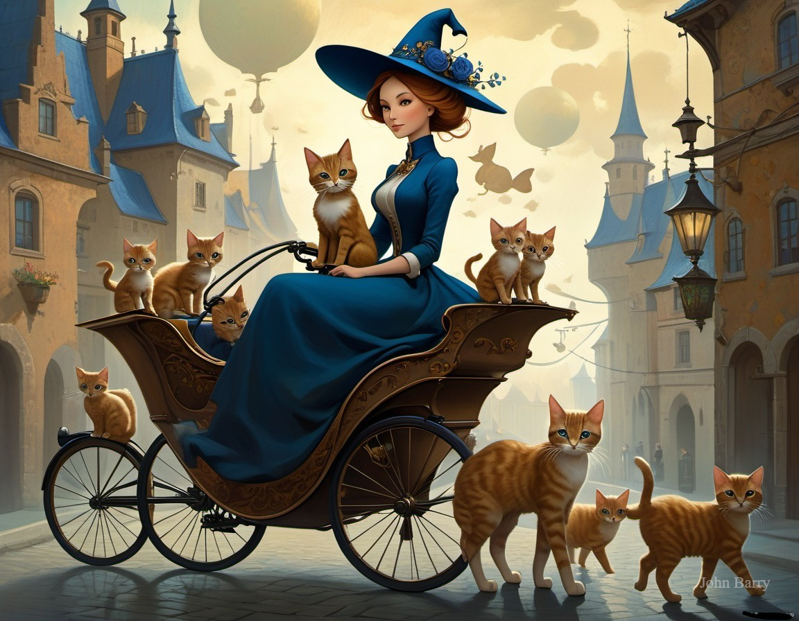Whimsical Fantasy Town with Cats and Carriage Scene