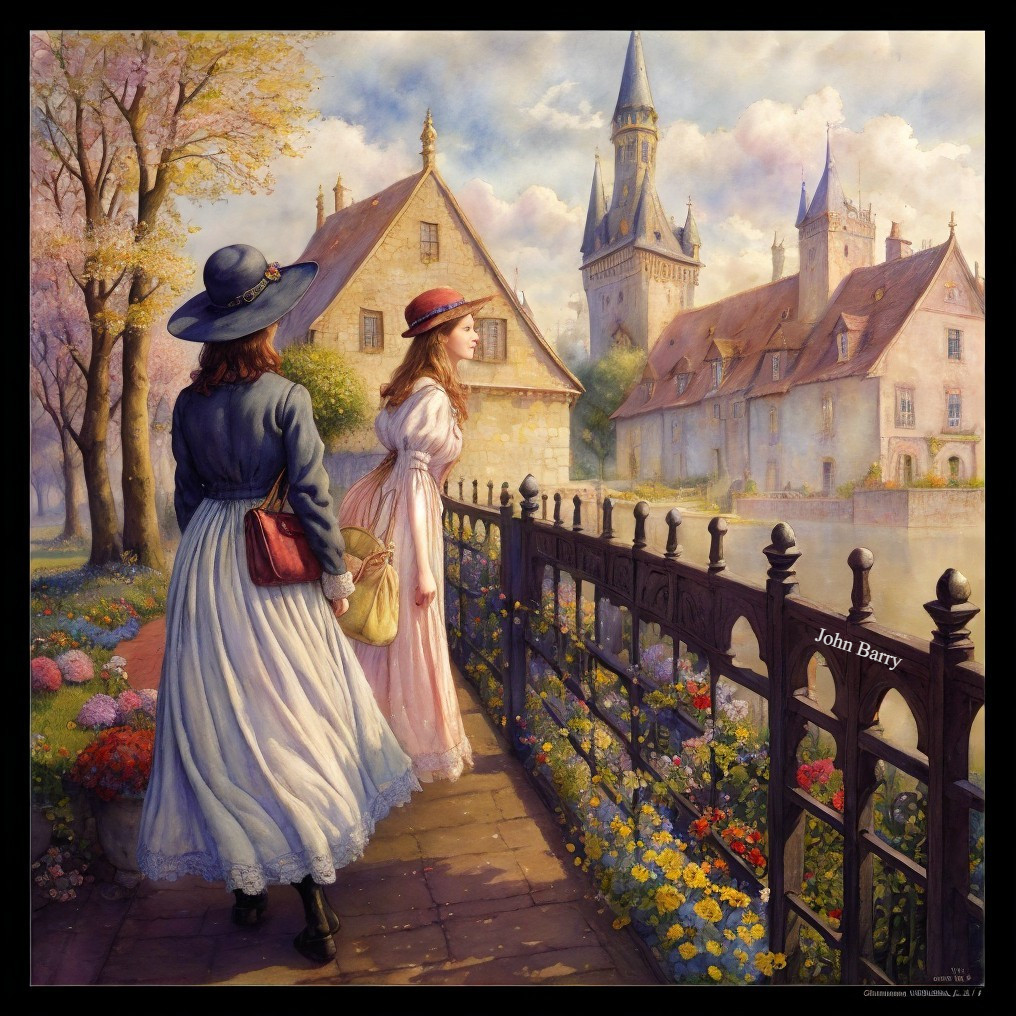 Vintage Dresses and Castle with Blooming Flowers