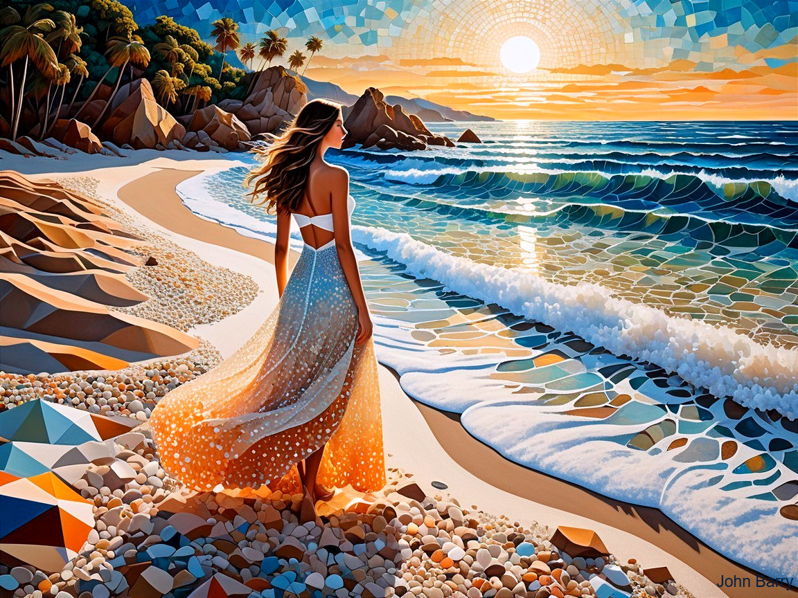 Serene Beach Sunset with Woman in Flowing Dress