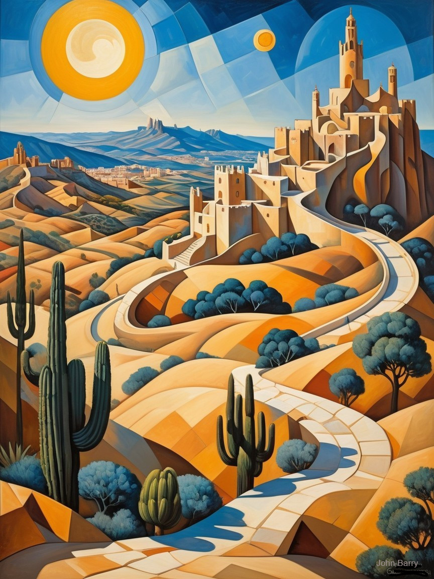 Surreal Landscape with Castle and Winding Road