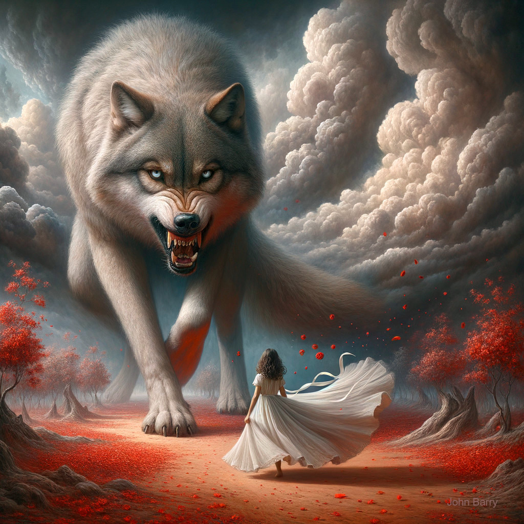 Colossal wolf and woman in surreal landscape scene