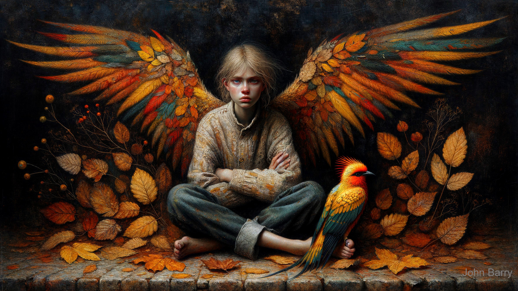Child with Leaf Wings Surrounded by Autumn Foliage